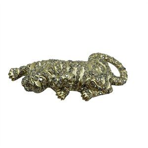 Cheetah Leopard Pin Brooch Gold Tone Rhinestones Vintage 1980s
